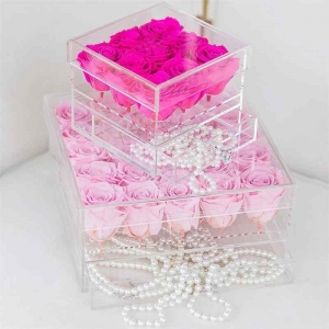 Özel 9 delikli şeffaf akrilik çiçek kutusu bir çekmece ile gül  