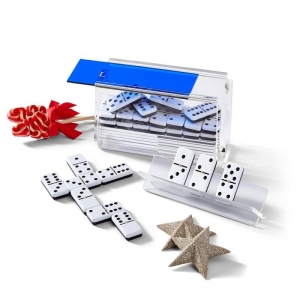 Raflarla mavi kapak DIY akrilik domino oyunu seti 